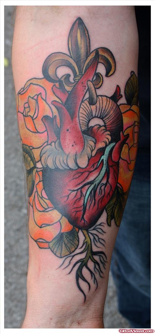 Flowers And Red Heart Tattoo On Arm