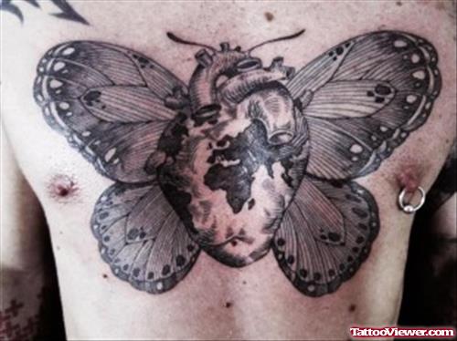 Butterfly Wings Human Heart Tattoo On Chest