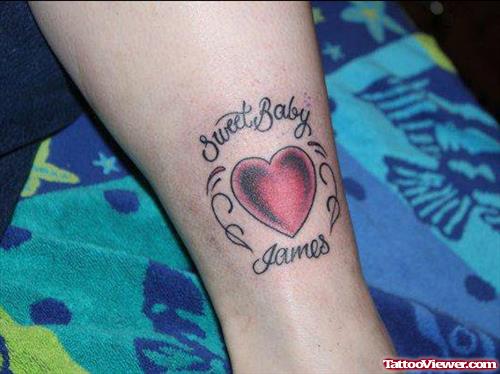 Sweet Baby Heart Tattoo On Leg