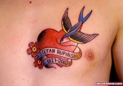 Swallow and Heart Tattoo On Chest