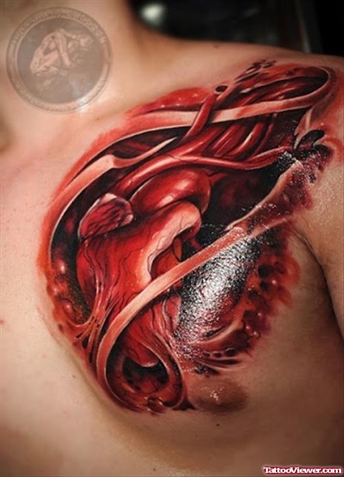 Red Ripped Skin Heart Tattoo On Chest