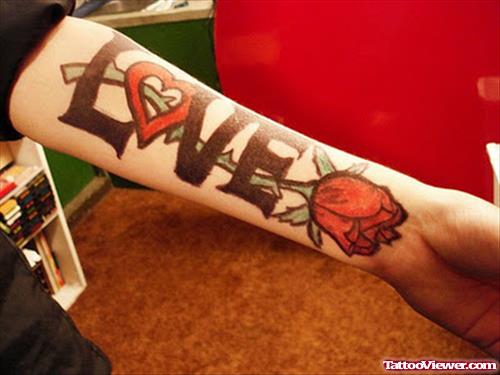 Love Heart and Rose Tattoo On Left Forearm