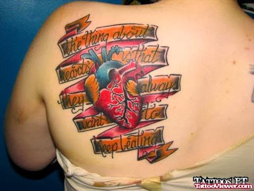 Banners And Heart Tattoo On Back Shoulder