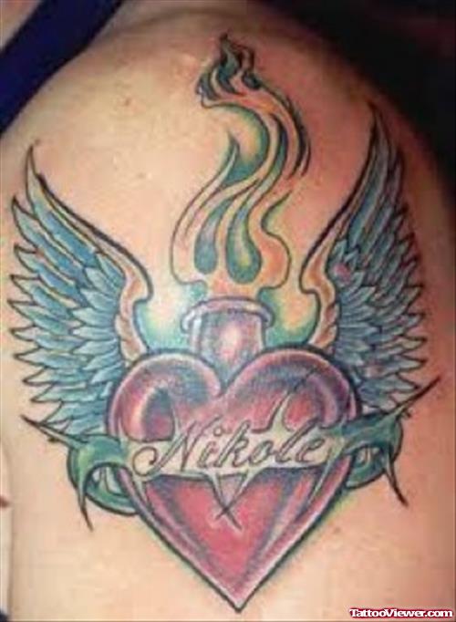 Winged Sacred Heart Tattoo On Shoulder