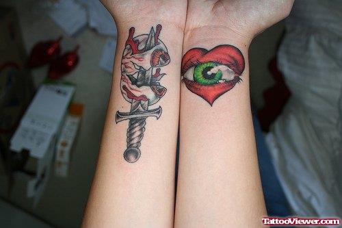 Dagger Skull And Heart Tattoo On Wrist