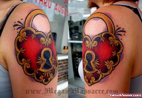 Colored Lock Heart Tattoos On Shoulder