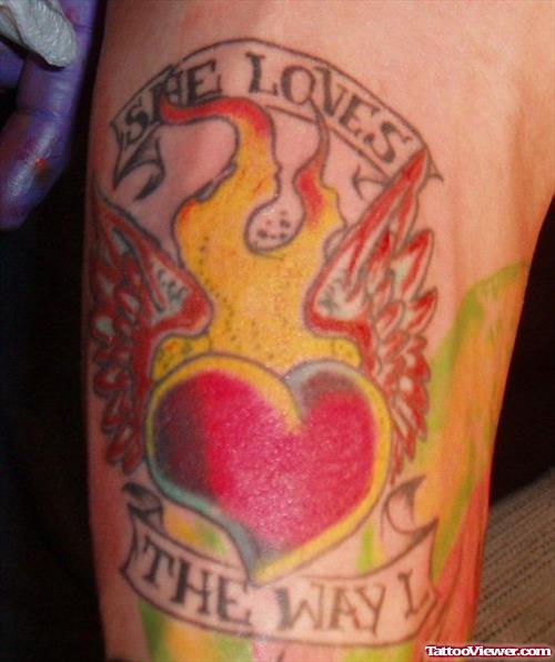 Flaming Heart Tattoo On Arm