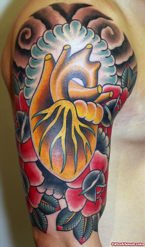 Color Flowers and Heart Tattoo On Half Sleeve