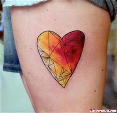 Awesome Colored Heart Tattoo On Thigh