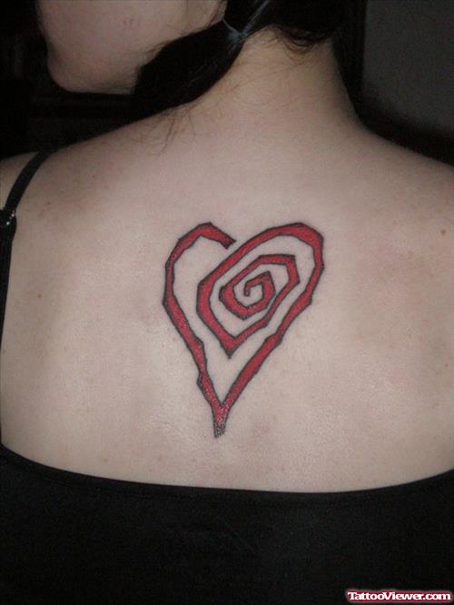 Red Ink Spiral Heart Tattoo On Upperback