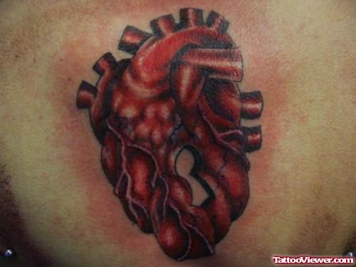 Red Ink Lock Human Heart Tattoo