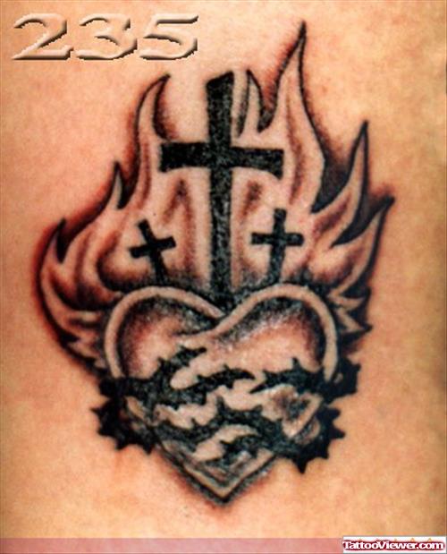 Cross And Flaming Hearts Tattoo