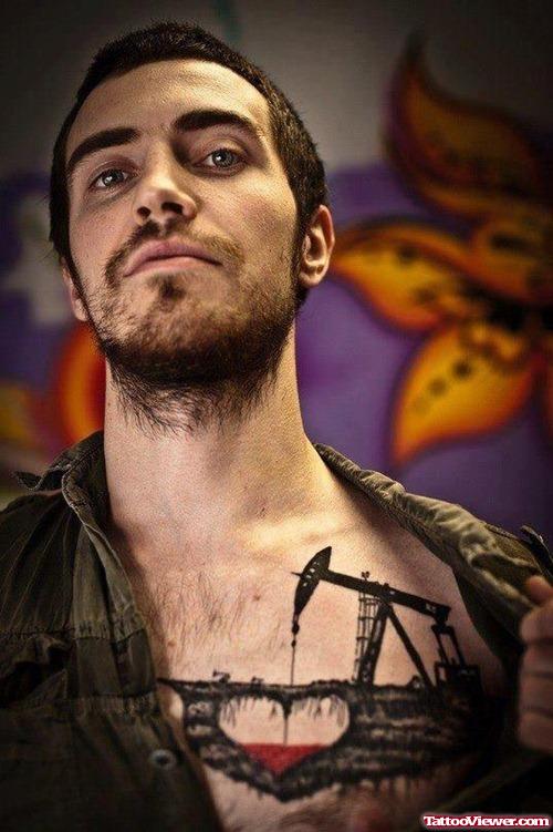 Cool Oil Rig Heart Tattoo On Chest