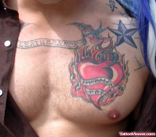 Attractive Burning Heart Tattoo On Chest