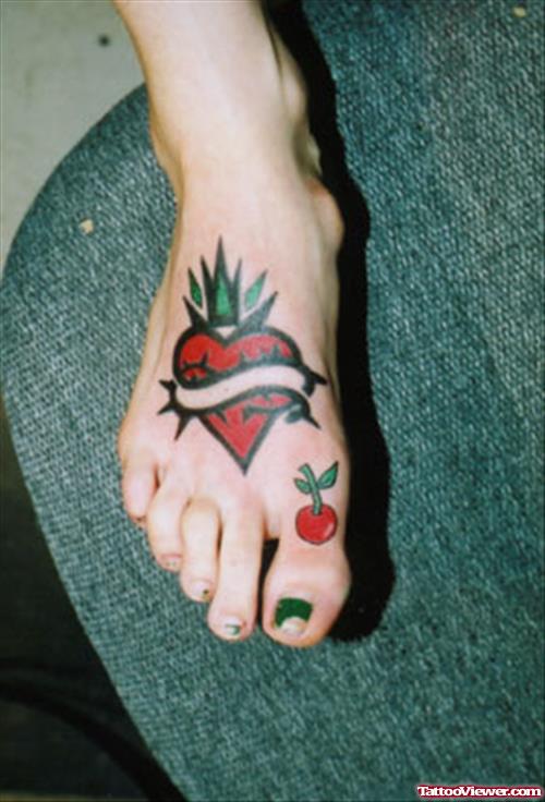Banner And Red Heart Tattoo On Right Foot