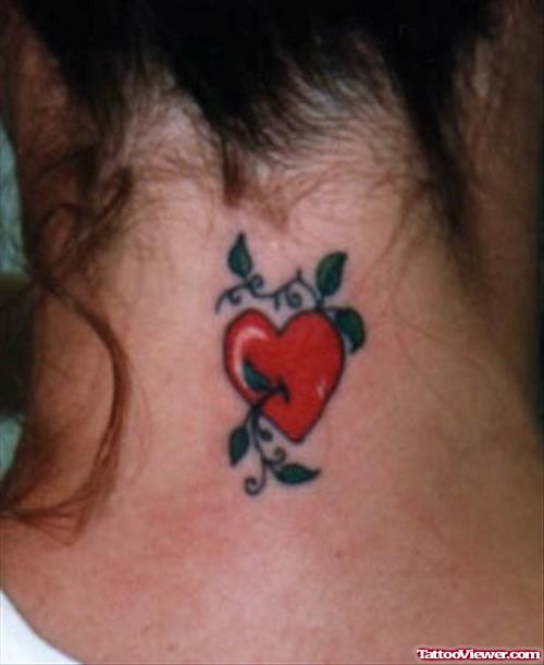 Red Heart Tattoo On Back Neck