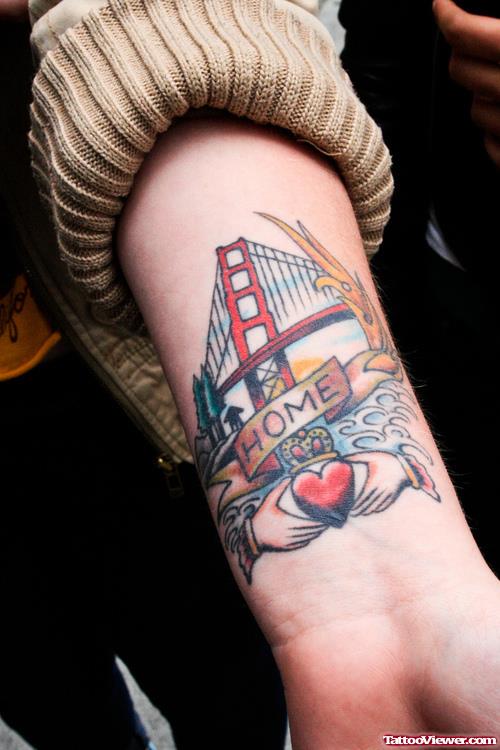 Home Banner And Claddagh Heart Tattoo On Wrist