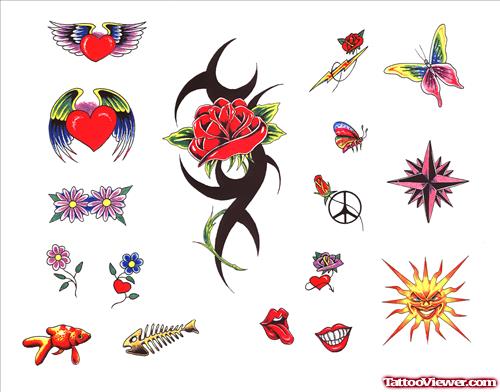 Colored Flowers and Heart Tattoos Designs