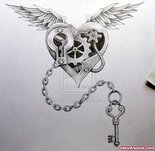 Winged Lock Heart Tattoo Design