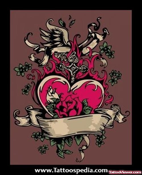 Cute Banner And Red Heart Tattoo Design