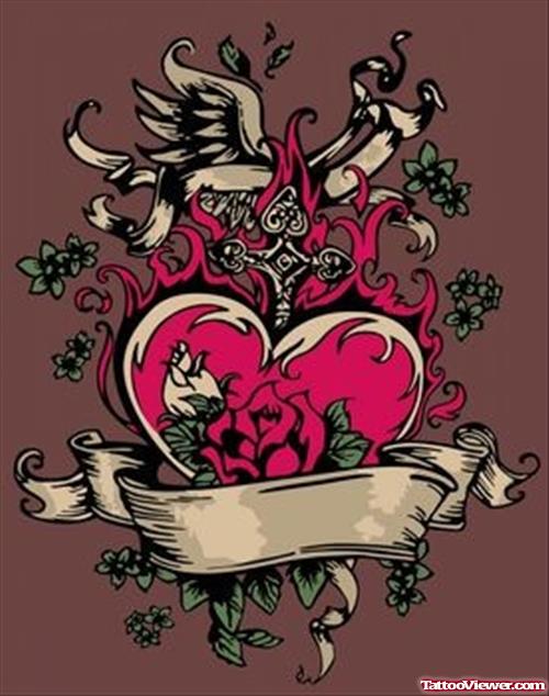Unique Banner And Heart Tattoo Design