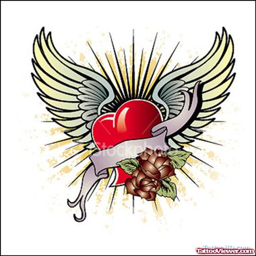 Banner And Winged Heart Tattoo Design