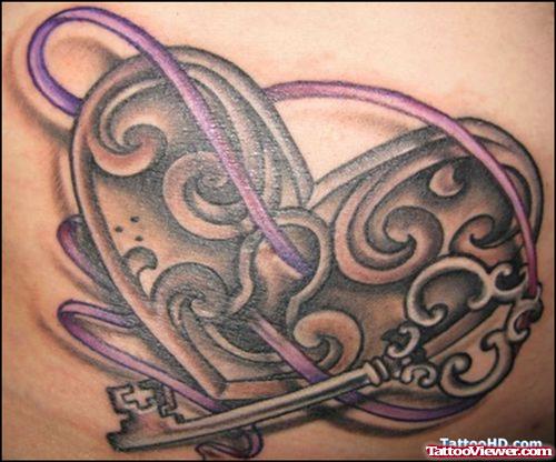 Grey Ink Lock Heart Tattoo On Chest