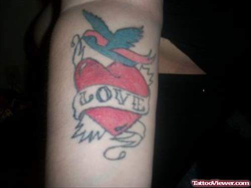 Flying Bird with Love Banner and Heart Tattoo