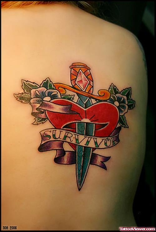 Banner and Dagger Heart Tattoo On Back Shoulder