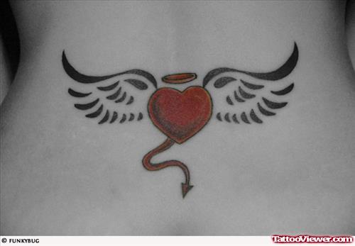 Angel Winged Red Heart Tattoo On Lowerback