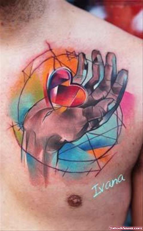 abstarxt Hand And Heart Tattoo On Chest