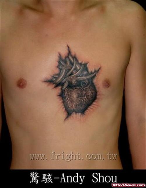 Wonderful Grey Ink Heart Tattoo On Man Chest