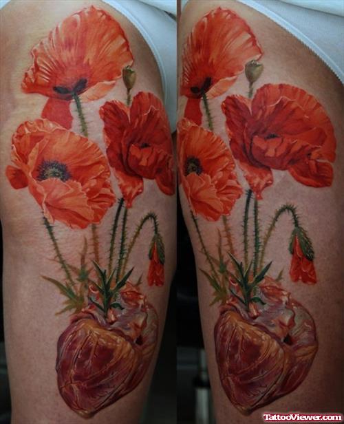 Realistic Heart And Flower Tattoos