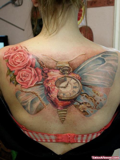Pink Roses And Butterfly Winged Heart Tattoo On Upperback
