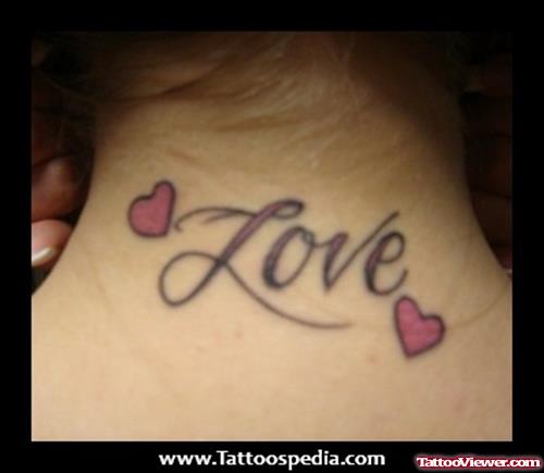Love Word And Tiny Hearts Tattoos On Nape