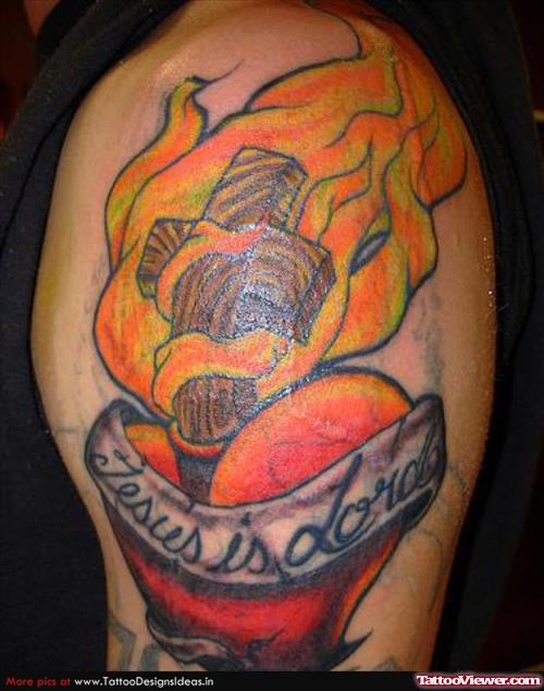 Burning Heart Tattoo On Left Shoulder