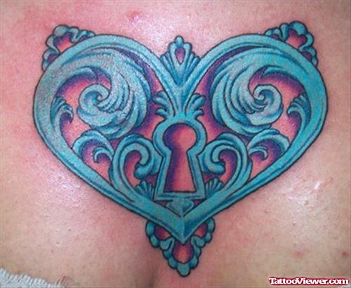 Blue Ink Lock Heart Tattoo