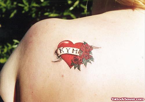 Awesome Red Heart Tattoo On Left Back Shoulder