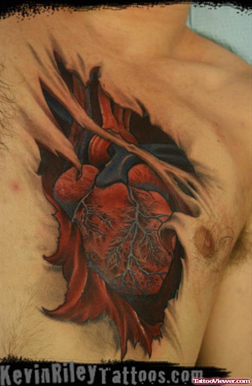 Ripped Skin Heart Tattoo On Man Chest