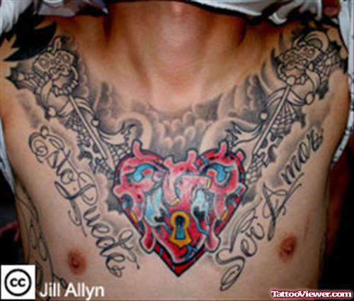 Lock Heart Tattoo On Man Chest