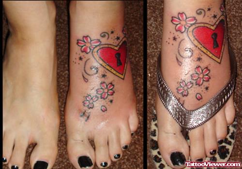 Lock Heart Tattoo On Left Foot
