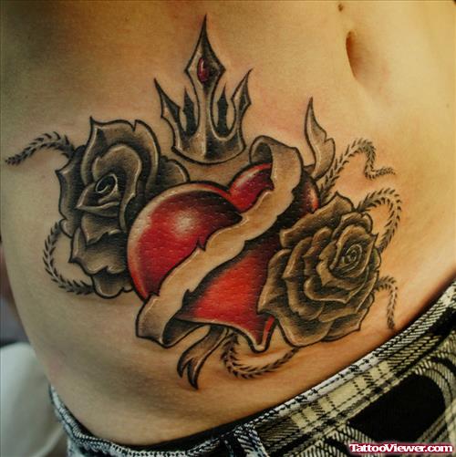 Grey Rose Flowers and Red Heart Tattoo On Hip