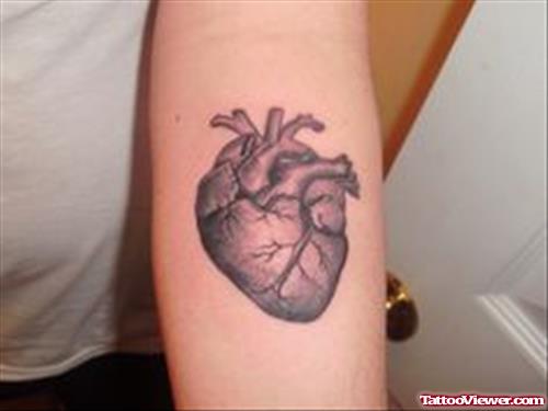 Grey Ink Human Heart Tattoo On Left Arm
