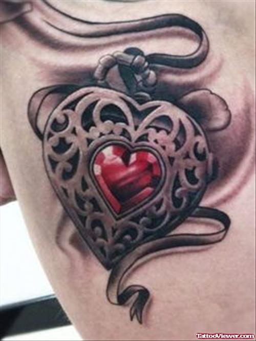 Grey and Red Heart Tattoo On Side