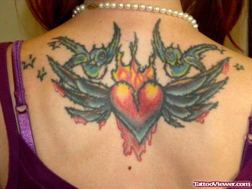Flying Birds And Winged Heart Tattoo On Upperback
