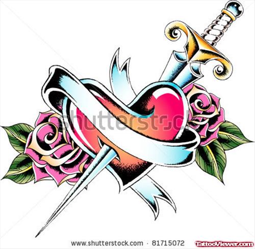 Rose Flowers And Dagger Heart Tattoo Design