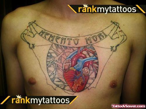 Momento Mori Banner And Heart Tattoo On Chest