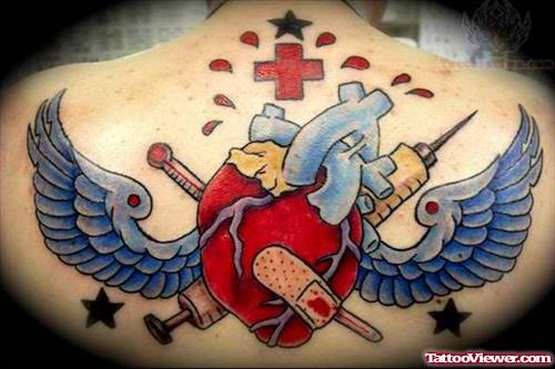 Angel Winged Red Heart Tattoo On Upperback
