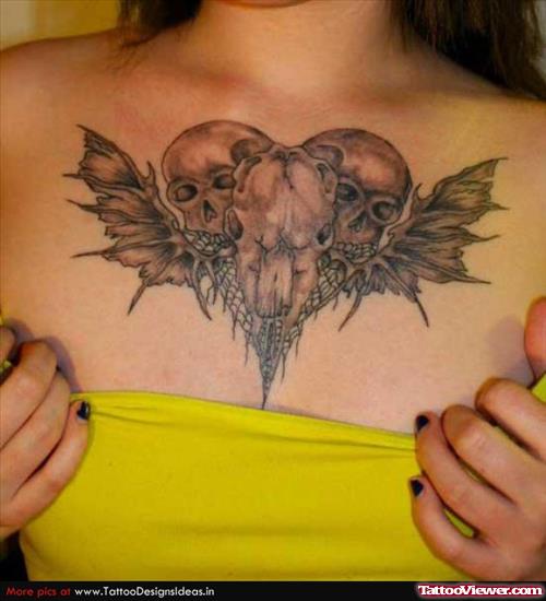 Winged Skull Heart Tattoo On Chest
