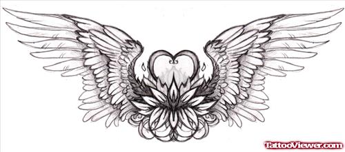 Winged Flower And Heart Tattoo Design